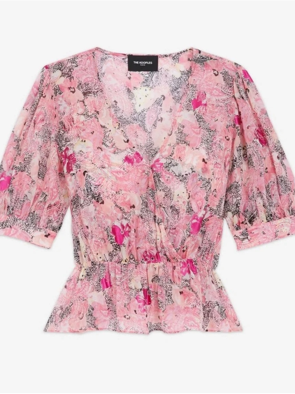The Kooples Pink Sheer 100% Silk SHORT SLEEVED PRINTED WRAP TOP Deep V Faux Wrap